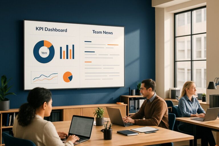 Digital signage scherm in modern kantoor met KPI-dashboard en interne communicatie voor medewerkers