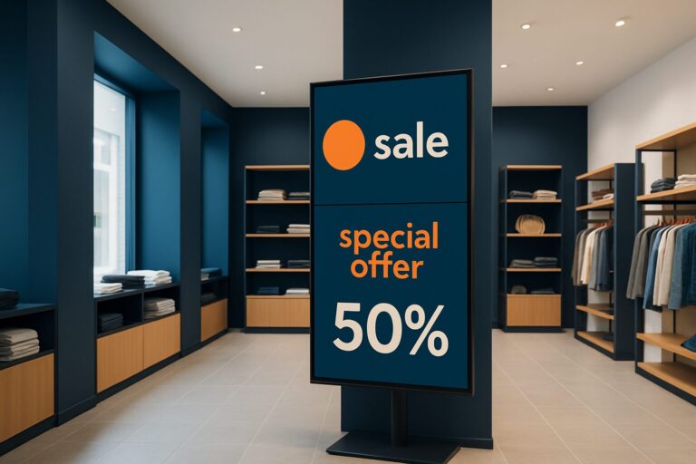 Digital signage display in een Nederlandse retailwinkel met promotionele content op een helder touchscreen, blauwe en oranje merkaccenten