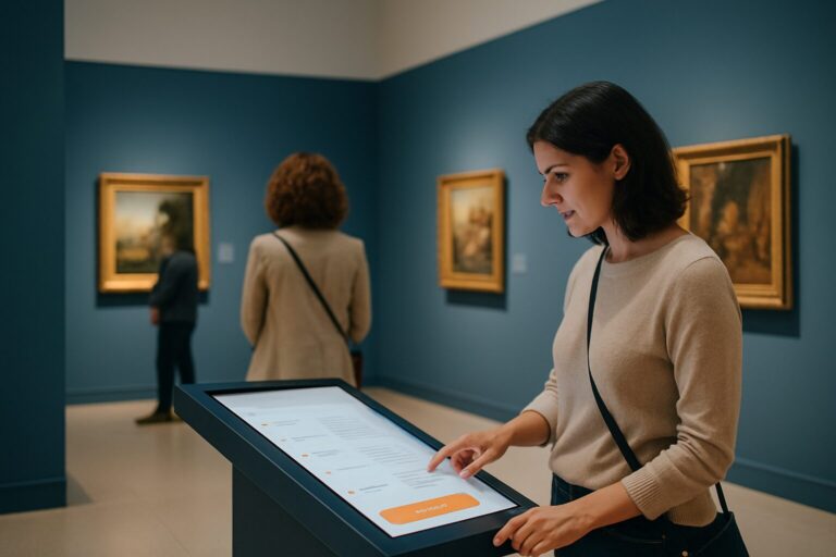 Bezoeker gebruikt een touchscreen informatiezuil in een museumzaal met interactieve tentoonstellingsinformatie