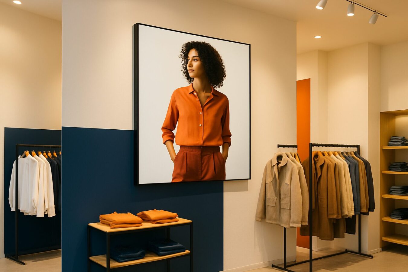 Digital signage scherm in een Nederlandse modewinkel met campagnebeelden op een groot display aan de winkelmuur