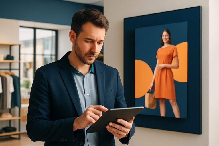 Retailmanager bekijkt ROI-berekening op tablet met digital signage-scherm op de achtergrond in een moderne winkel
