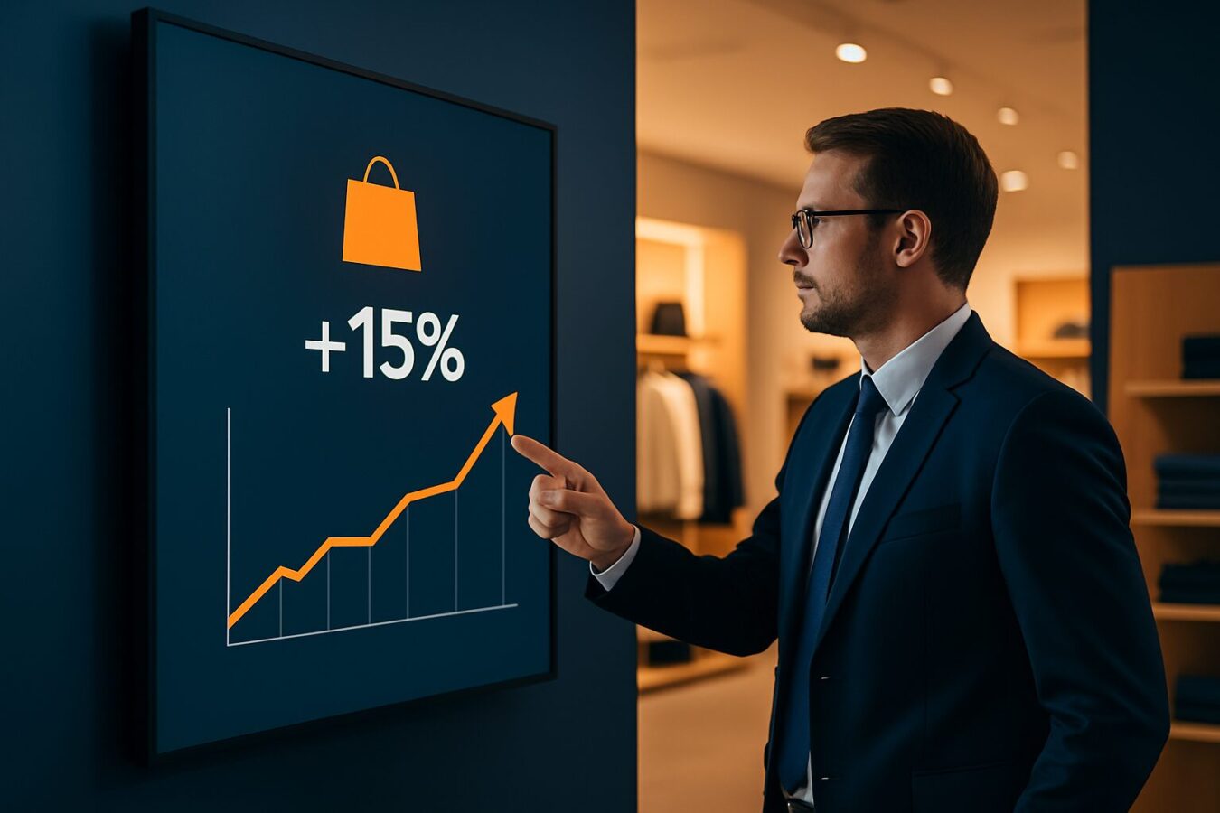 Retailmanager bekijkt ROI-data op een digital signage scherm in een moderne winkelomgeving met blauwe en oranje accenten