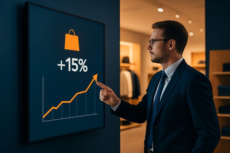 Retailmanager bekijkt ROI-data op een digital signage scherm in een moderne winkelomgeving met blauwe en oranje accenten