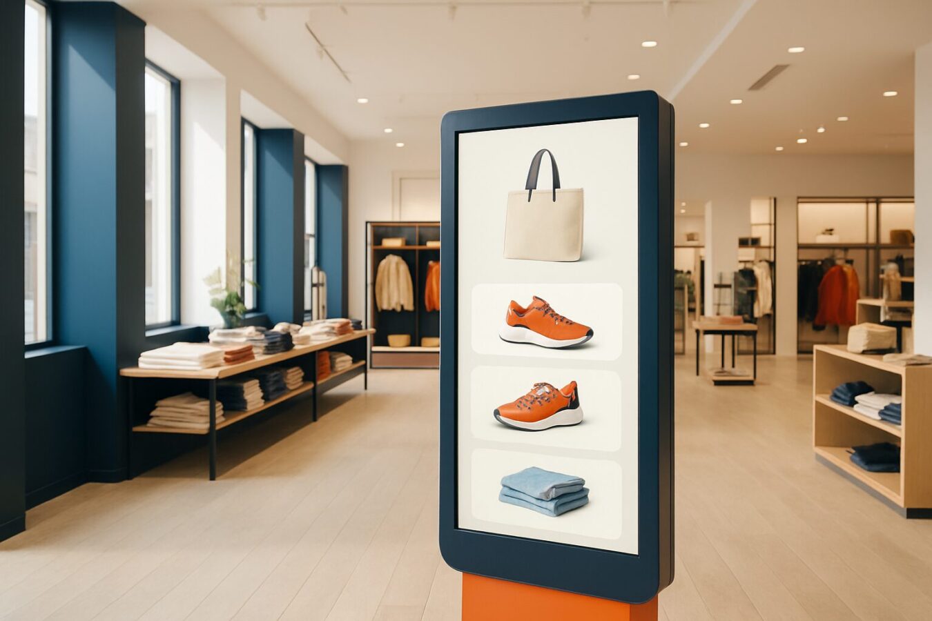 Digitale touchscreen-kiosk in een moderne Nederlandse winkel met heldere productpromoties op een groot display, 2026