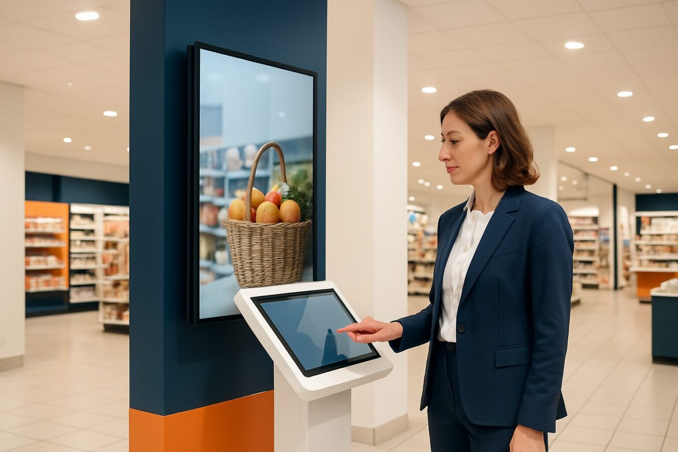 Retailmanager vergelijkt digital signage scherm en narrowcasting touchscreenzuil in moderne winkelomgeving