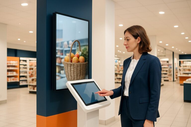 Retailmanager vergelijkt digital signage scherm en narrowcasting touchscreenzuil in moderne winkelomgeving