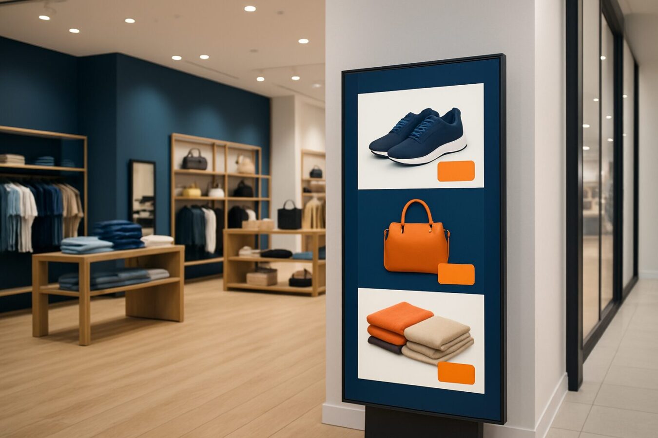 Digitaal reclamescherm in moderne winkel toont gerichte productpromoties — voorbeeld van narrowcasting op de winkelvloer