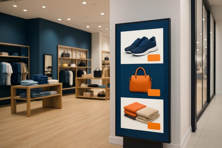 Digitaal reclamescherm in moderne winkel toont gerichte productpromoties — voorbeeld van narrowcasting op de winkelvloer