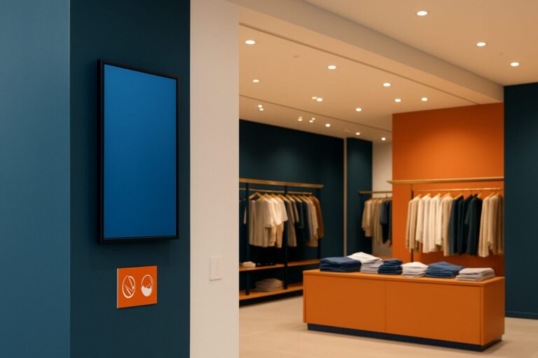 Digitaal reclamescherm in een winkel met veilige wandmontage en zichtbare stroomkabelgoot op de vloer