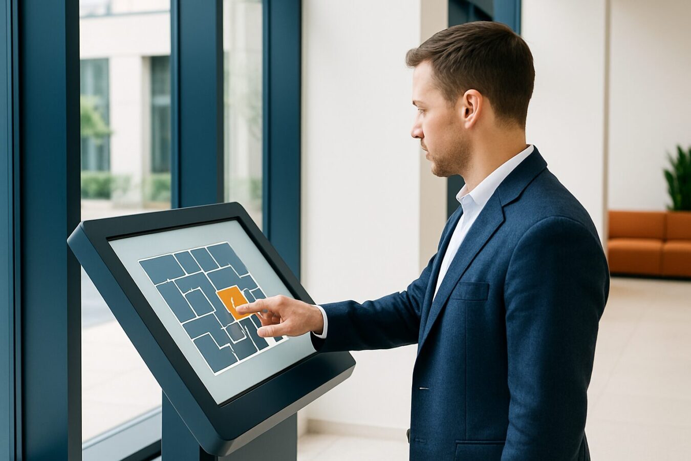 Bezoeker gebruikt een interactieve digitale plattegrond op een touchscreen-kiosk in een moderne entreehal