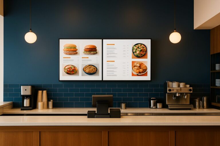 Commercieel horecascherm van 55 inch achter een restaurantbalie met digitale menukaart in warme sfeerverlichting