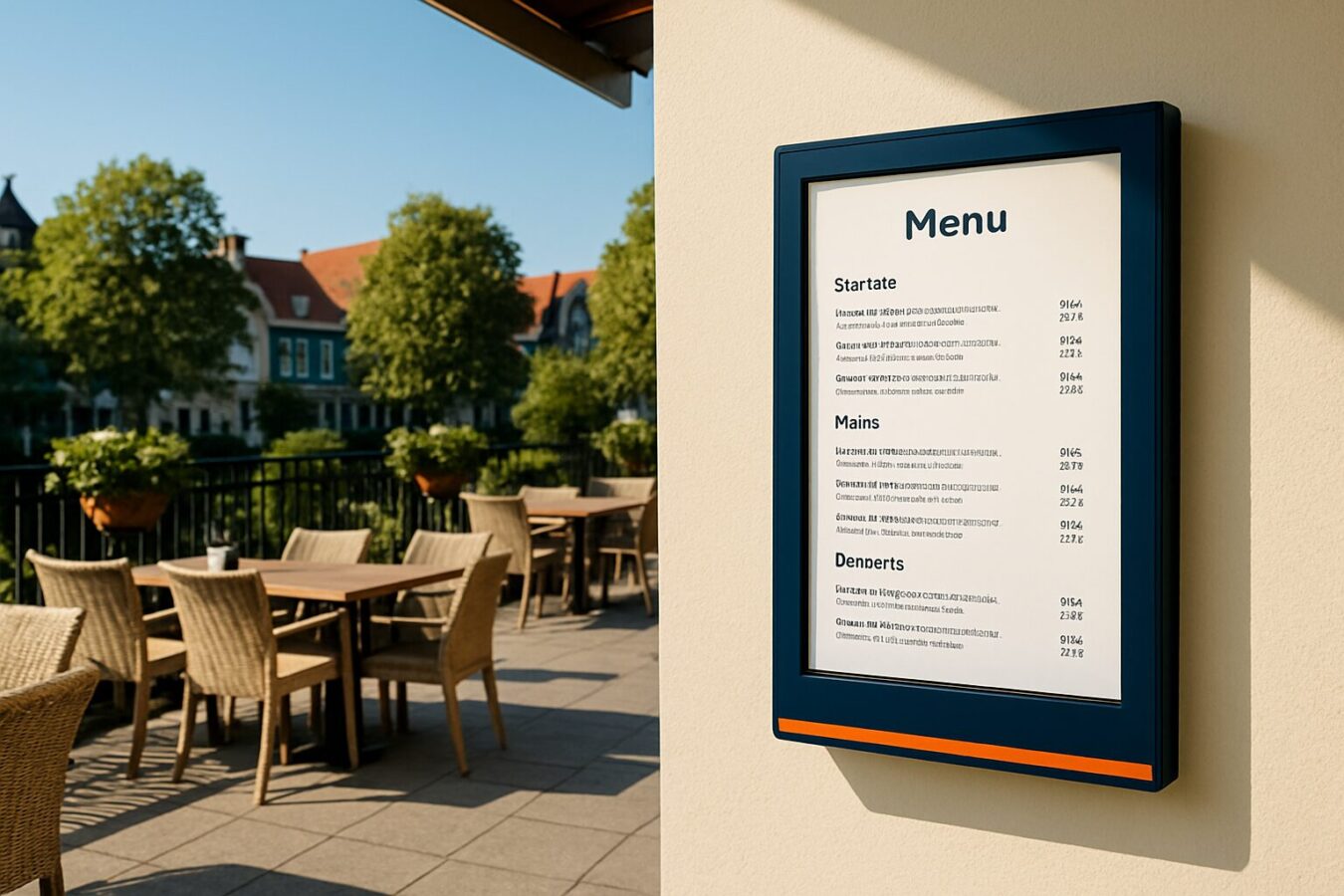 Weerbestendig digitaal display gemonteerd op een zonnig horecaterras met menuweergave op heldere dag