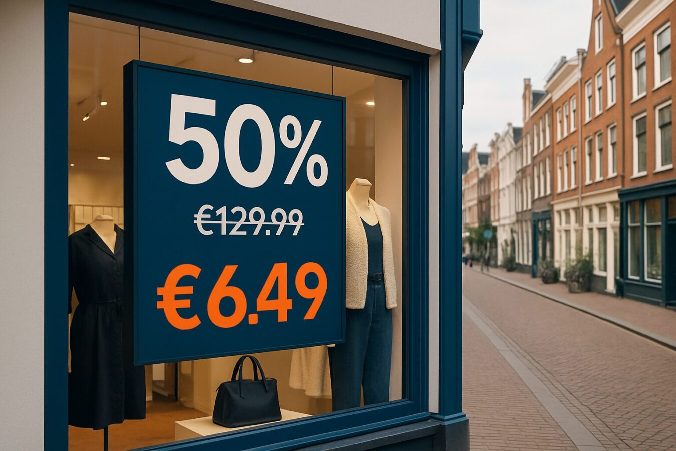 Digitaal etalagenscherm met dynamische prijsweergave en kortingsaankondiging in een Nederlandse winkelstraat