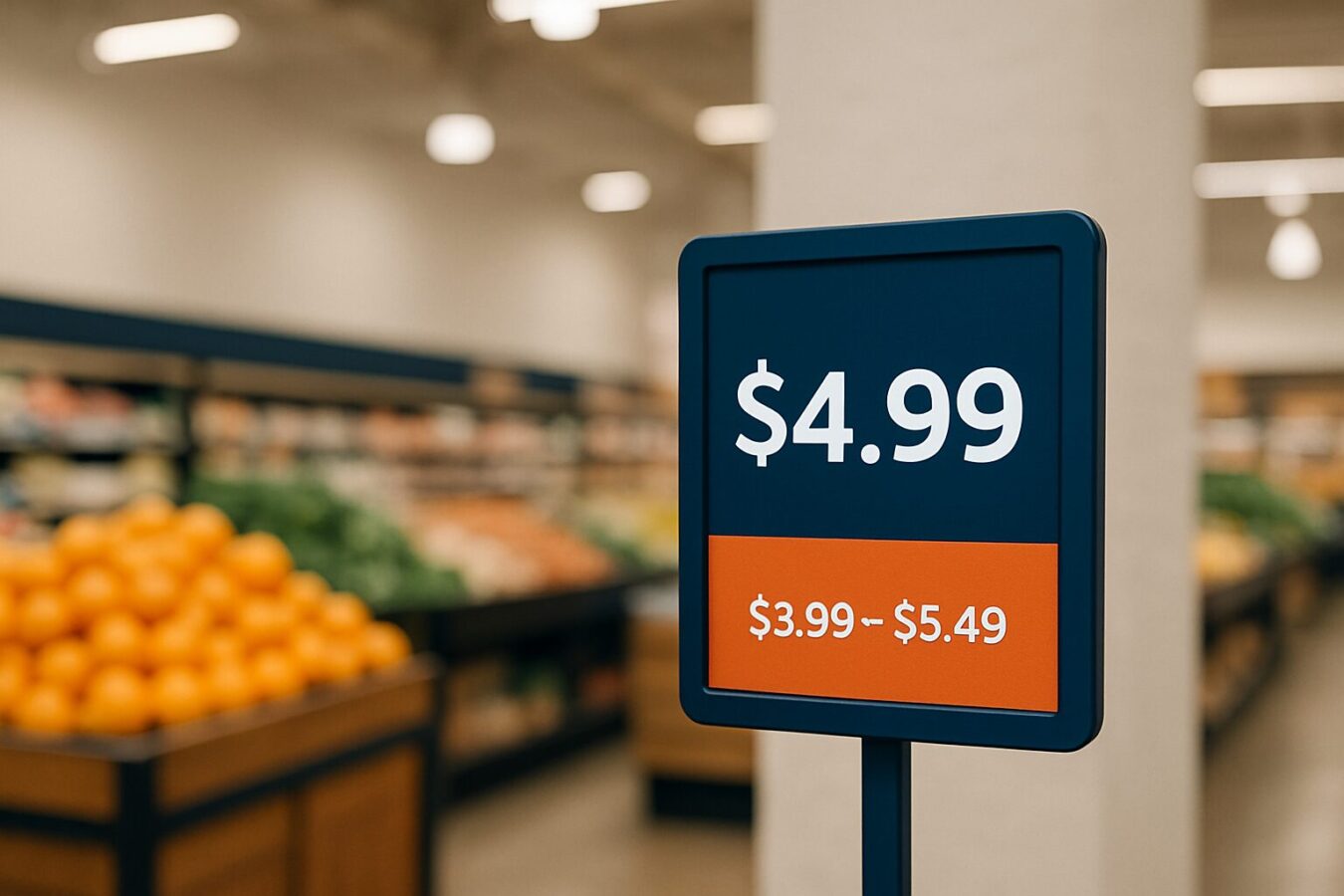 Digitaal prijsscherm in een winkel toont dynamische prijzen en kortingen conform ACM-regelgeving