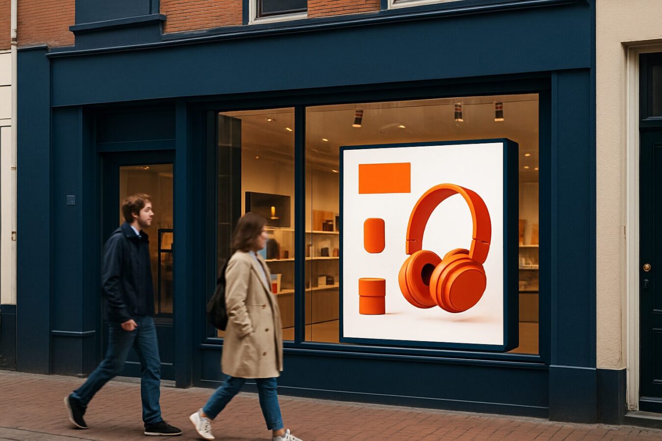 Digitaal etalage-display in een winkelstraat in een Nederlands stadscentrum met heldere beeldweergave overdag