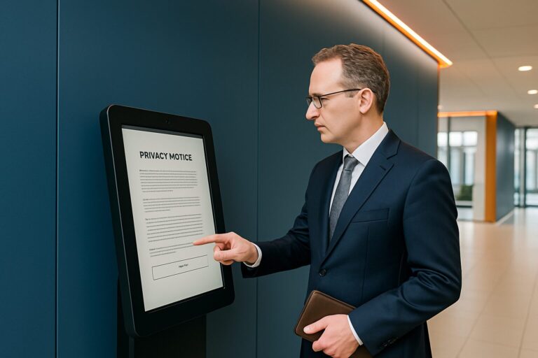 Compliance officer bekijkt privacymelding op een touchscreen-kiosk in een modern overheidsgebouw in Nederland