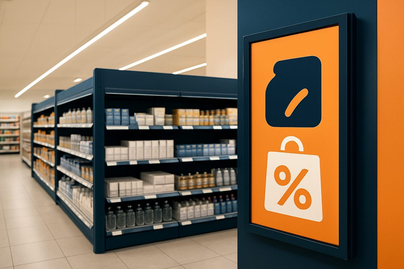 Retailwinkel met gondola-stelling links en een digitaal reclamescherm rechts, beide in gebruik op de winkelvloer