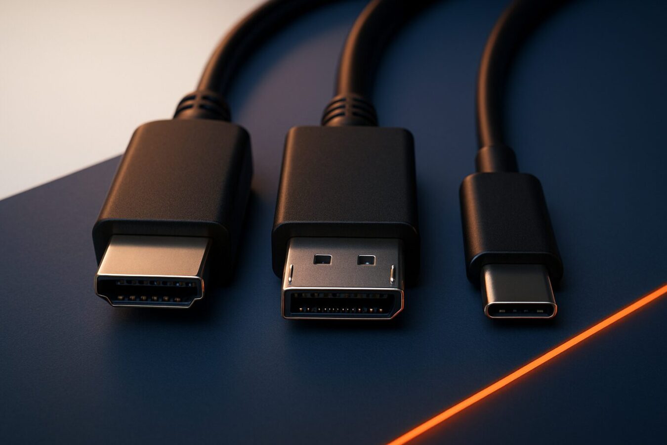 HDMI, DisplayPort en USB-C aansluitingen naast elkaar op een blauw oppervlak, vergelijking voor digital signage gebruik