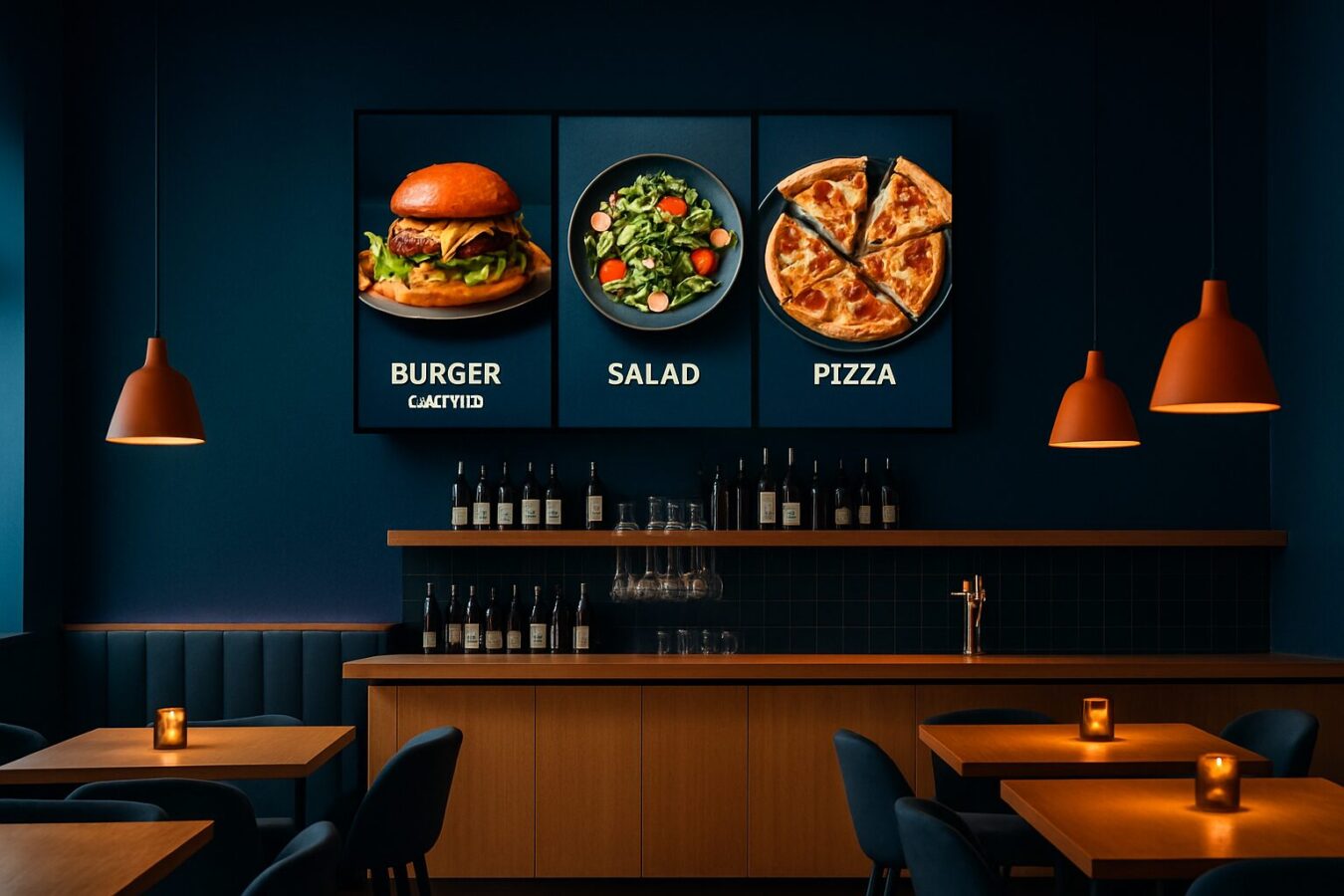 Digitaal menubord boven de bar in een modern Nederlands restaurant met blauwe sfeerverlichting en oranje accenten