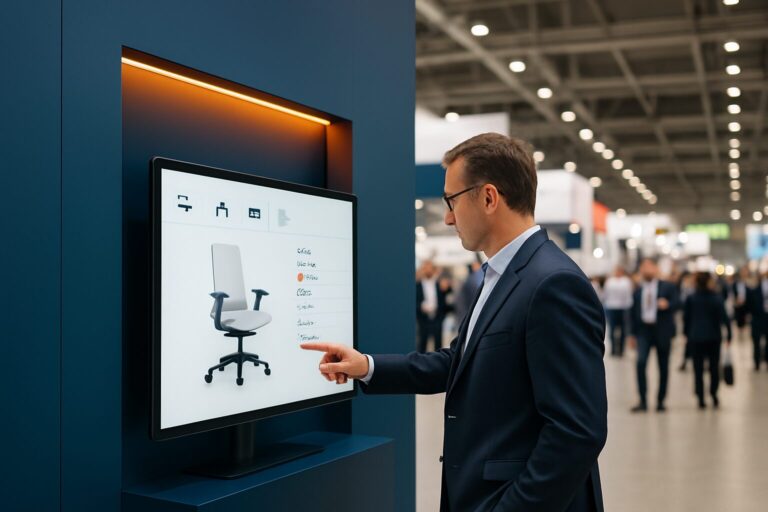 Bezoeker bedient een interactief touchscreen-display op een beursstand met een productconfigurator op het scherm