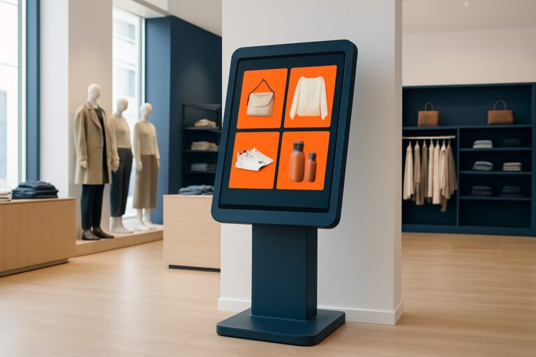 Professioneel digital signage touchscreen-kiosk in een Nederlandse retailwinkel met heldere productweergave op het scherm