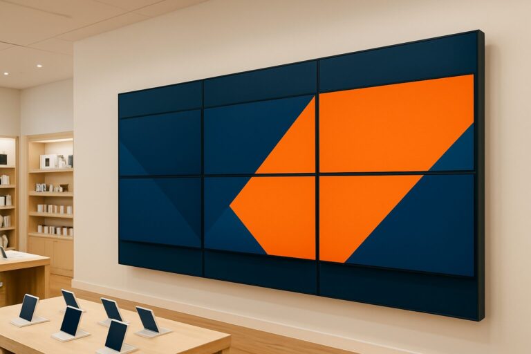 Overzicht van meerdere professionele digital signage-schermen in een moderne retailomgeving met blauwe en oranje accentkleuren