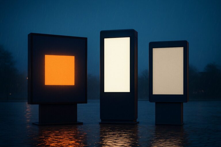 Drie displaytypes naast elkaar in een natte Nederlandse buitenomgeving: LED-scherm, LCD-kiosk en e-ink informatiepaneel.