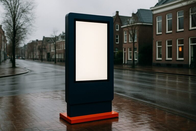 Outdoor digital signage display met IP65-behuizing op een regenachtige Nederlandse straat, diepblauw en oranje kleuraccenten