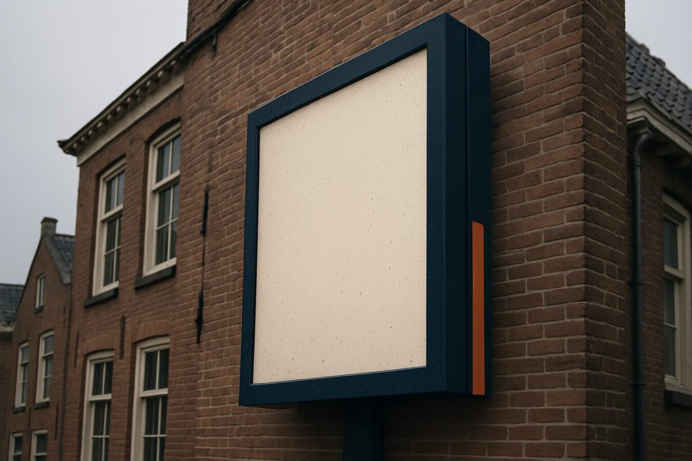 Outdoor digital display op een Nederlandse gevellocatie in regenachtig weer, met zichtbare waterdruppels op het beschermglas