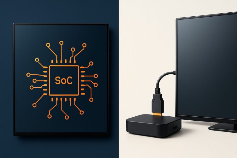 Vergelijking van een SoC-display met ingebouwde chip en een externe mediaspeler aangesloten via HDMI-kabel