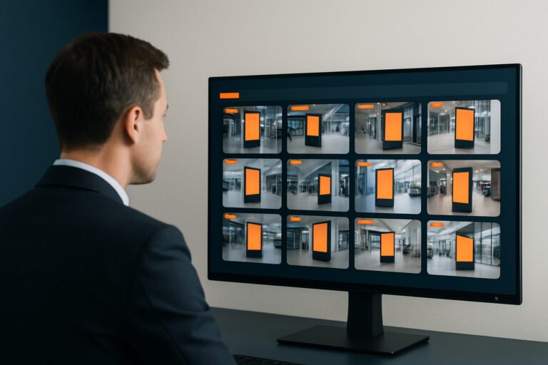 Beheerder bekijkt een multi-screen dashboard met tientallen digital signage schermen verdeeld over meerdere locaties