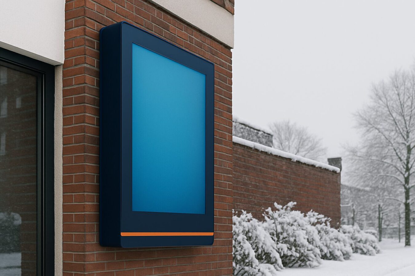 Outdoor digital display op een gevellocatie in de winter, omgeven door vorst en sneeuw, met helder verlicht scherm