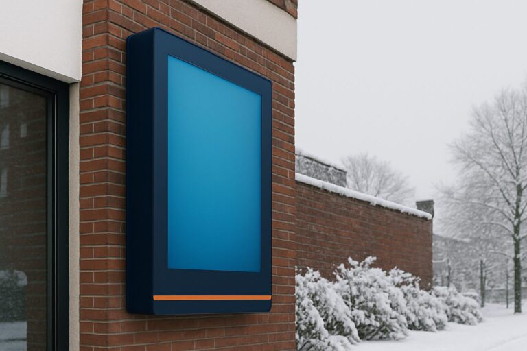 Outdoor digital display op een gevellocatie in de winter, omgeven door vorst en sneeuw, met helder verlicht scherm