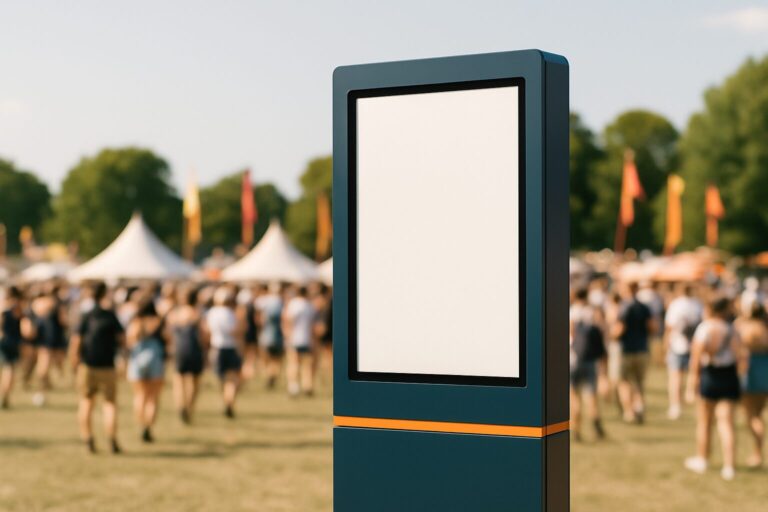 Vrijstaand outdoor display op een zonnig buitenevenement met festivalgangers op de achtergrond en heldere schermweergave