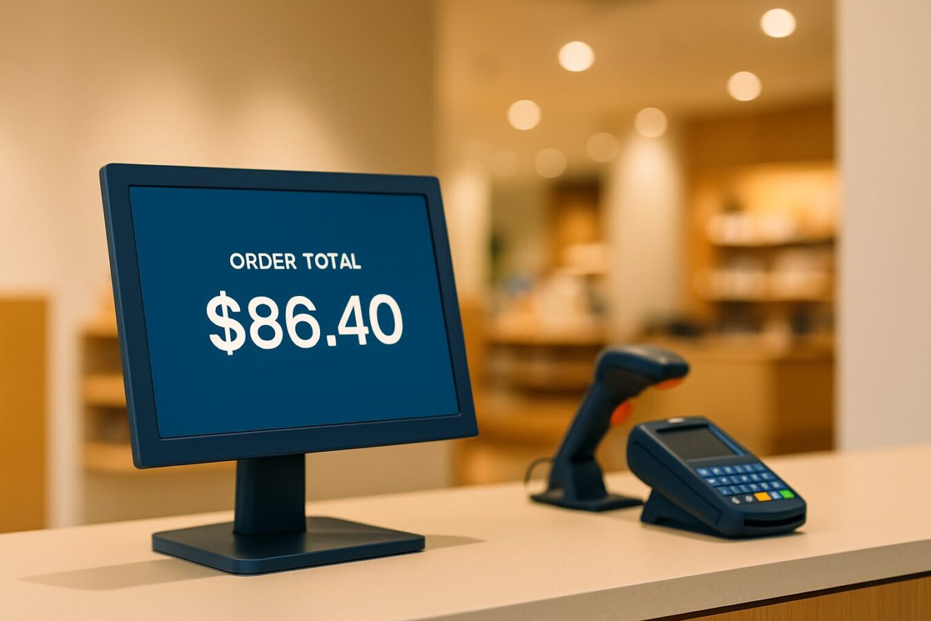 Digitale POS-display op een retailtoonbank toont bondetails aan de klant bij het afrekenen