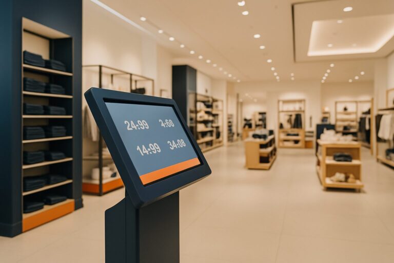 Interactieve POS-kiosk met touchscreen in een moderne Nederlandse winkel, toont productprijzen en promoties op het verkooppunt