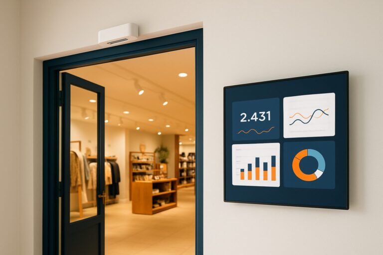 Bewegingssensor boven winkelingang met footfall-dashboard op digitaal display in moderne retailomgeving