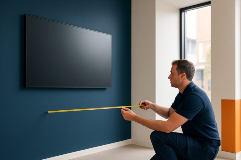 Installateur meet kijkafstand tot een digital signage-scherm in een Nederlandse winkelruimte met blauwe en oranje accenten