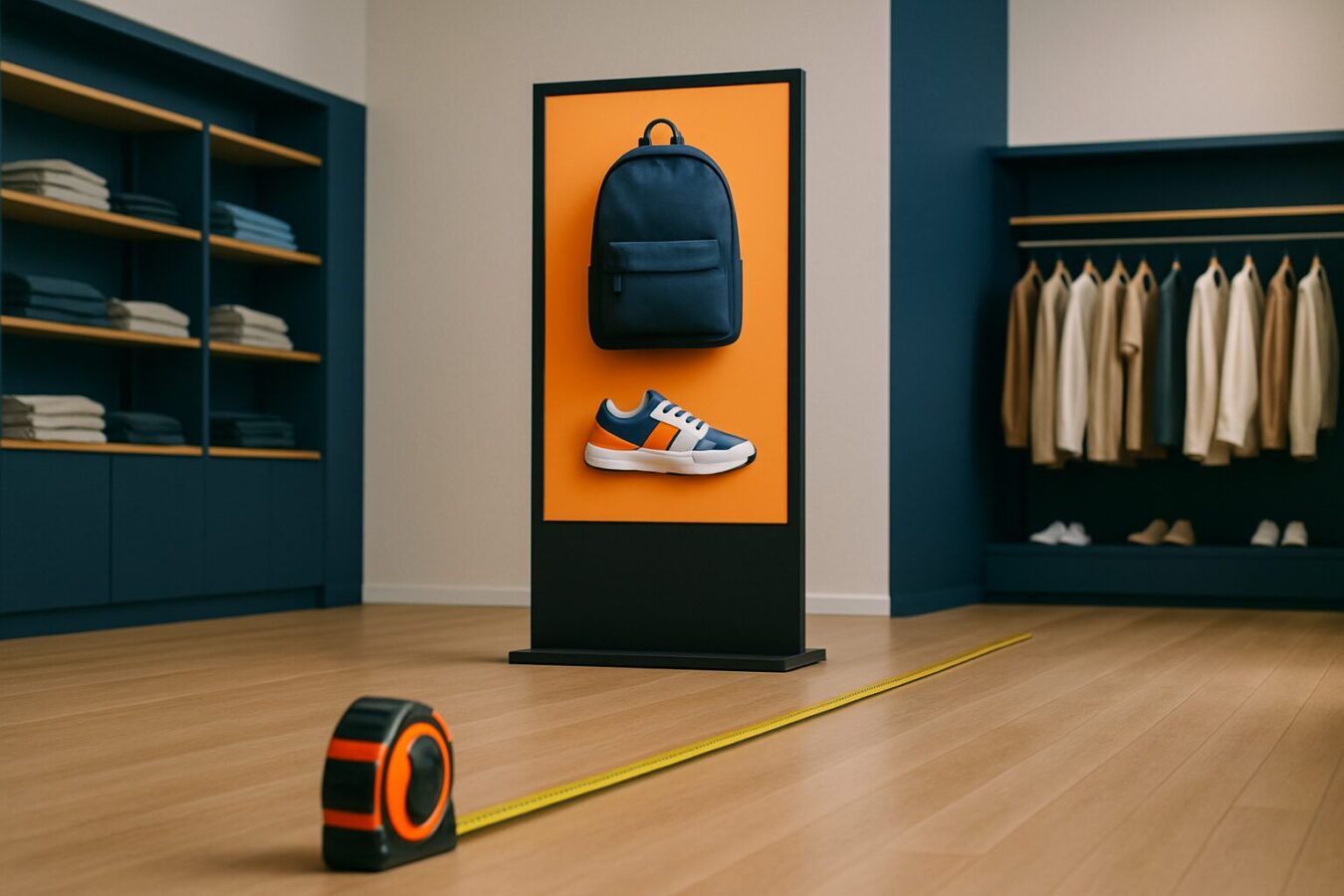 Retailmedewerker meet de kijkafstand tot een digital signage scherm in een moderne winkelomgeving
