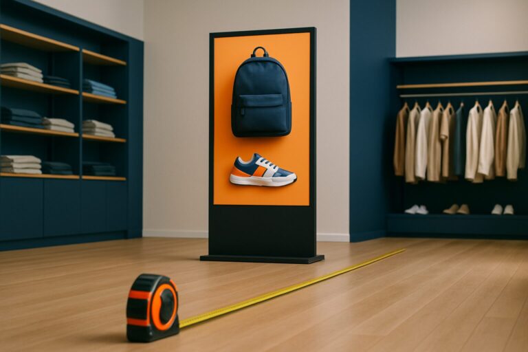 Retailmedewerker meet de kijkafstand tot een digital signage scherm in een moderne winkelomgeving