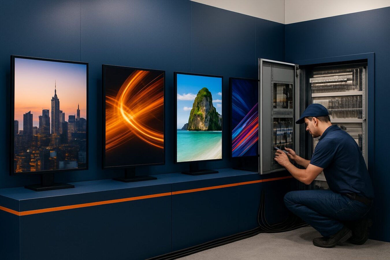Installateur controleert stroomverdeling op een beursstand met meerdere commerciële displays actief tijdens een vakbeurs