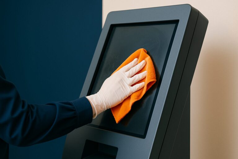 Medewerker reinigt een publieke touchscreen informatiezuil met een microvezeldoek in een professionele omgeving