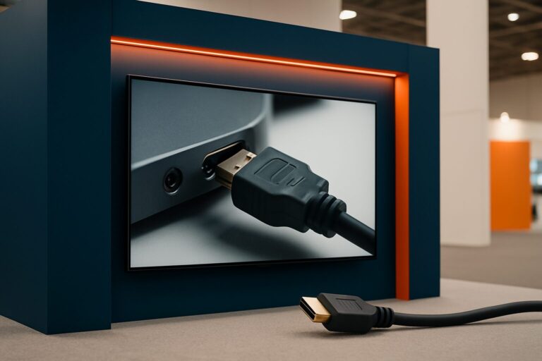 Professioneel beursstanddisplay met productVideo, HDMI-aansluiting op de voorgrond, donkerblauwe standstructuur met oranje accenten