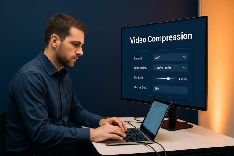 AV-installateur controleert videocompressie-instellingen op laptop naast een groot beursstand display in een beurshal