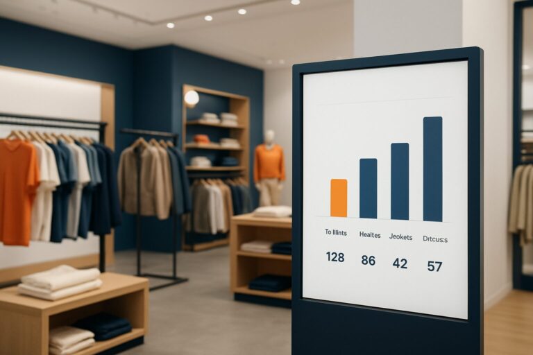 Digitaal touchscreen display in een winkel toont real-time voorraadstanden gekoppeld aan het kassasysteem