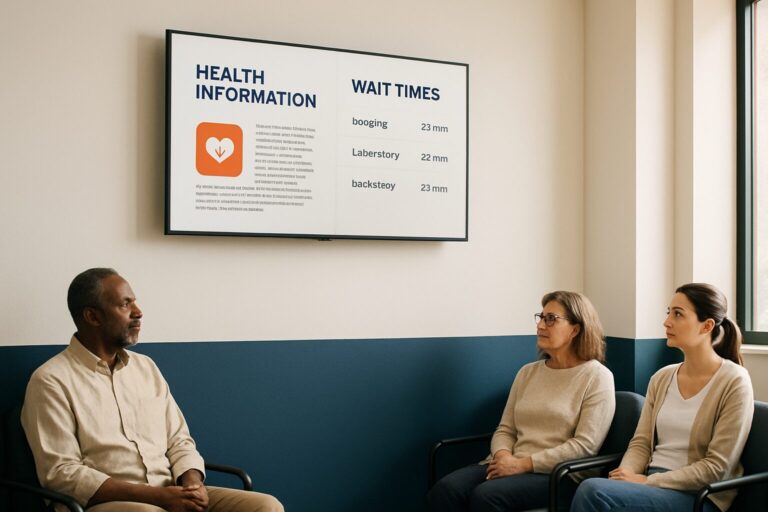 Digitaal wachtkamerscherm in een moderne zorgpraktijk toont gezondheidsinfo en wachttijden zonder patiëntnamen