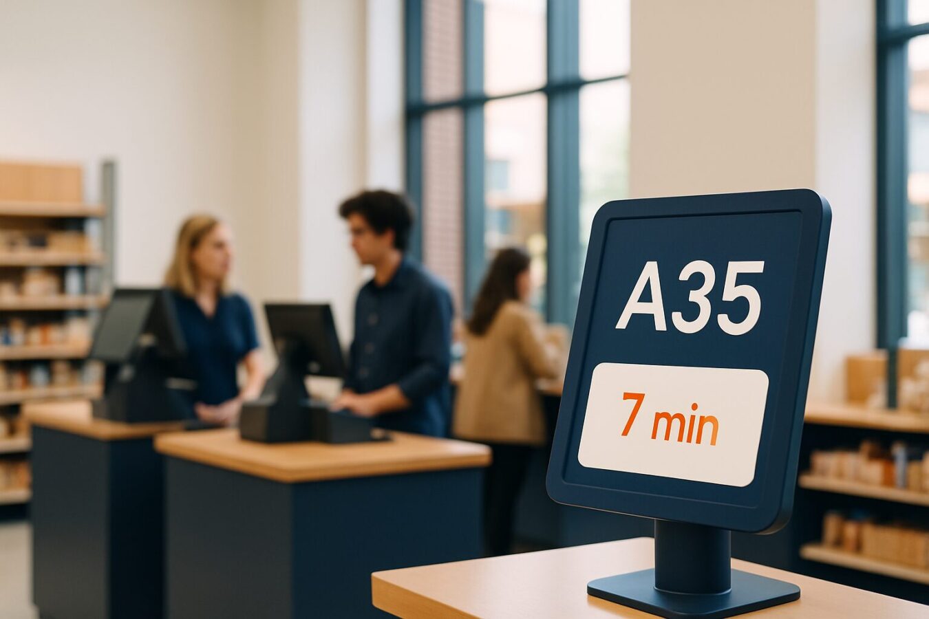 Digitale touchscreenkiosk bij een kassarij in een Nederlandse retailwinkel met wachttijdinformatie op het scherm