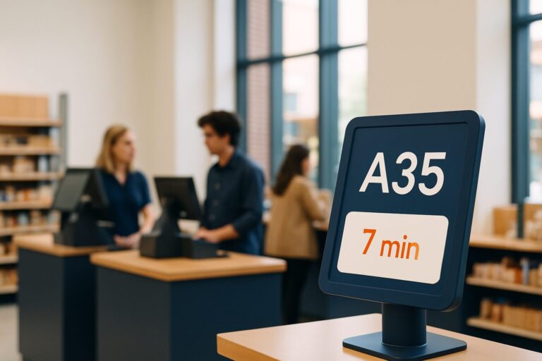 Digitale touchscreenkiosk bij een kassarij in een Nederlandse retailwinkel met wachttijdinformatie op het scherm