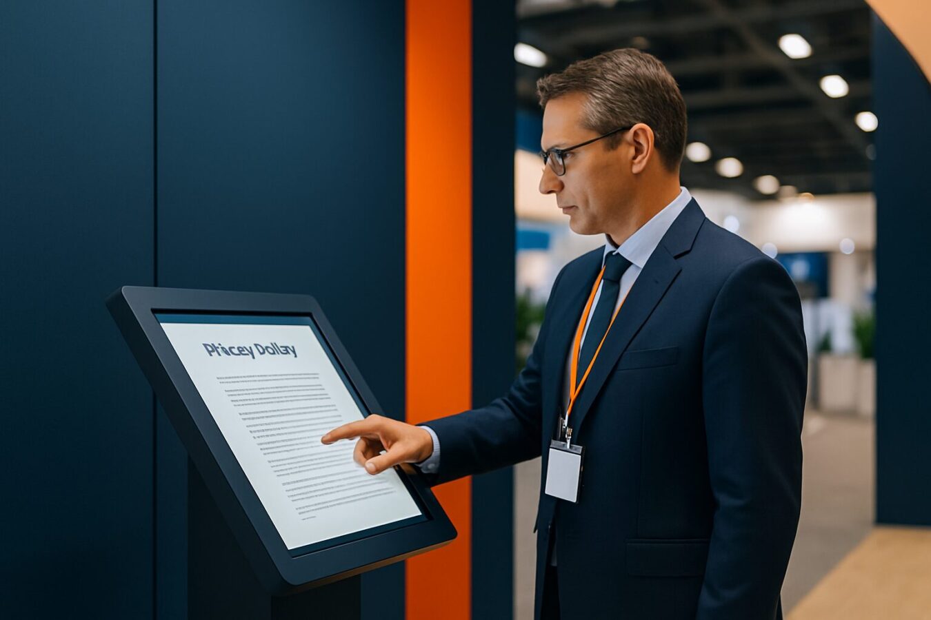 Compliance medewerker bekijkt privacybeleid op een touchscreen-kiosk bij een beursstand in een moderne beurshal