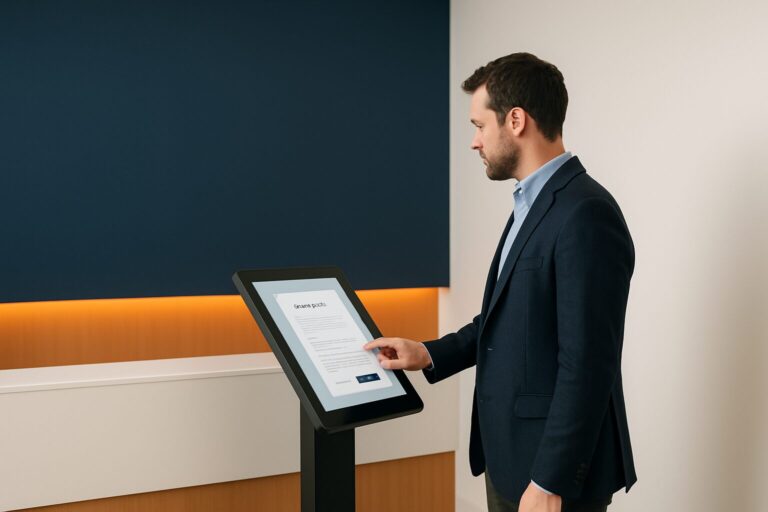 Bezoeker meldt zich aan via een touchscreen bezoekersregistratie display in een moderne kantoorontvangsruimte